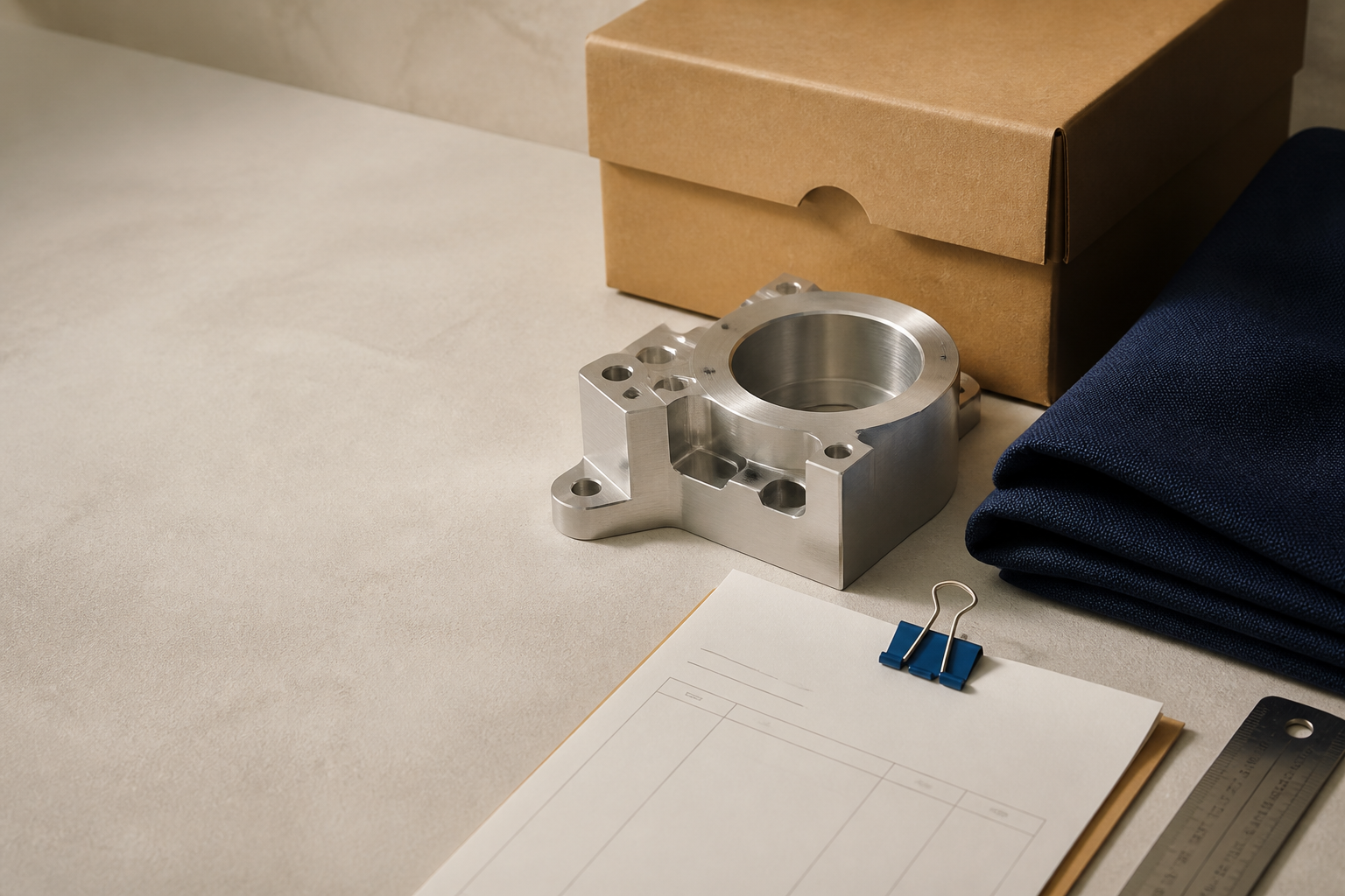 Precisely arranged procurement materials: a machined component, archive box, technical textile, and packing record.